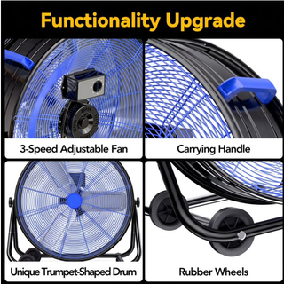 Osoeri 24 inch Industrial Drum Fan, 3 Speed 9460 CFM Heavy Duty Metal Cooling Floor Fan , 360° Tilt for Shop Outdoor, Patio, Warehouse, Commercial, Basement High Speed Fan-Blue