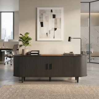 Easoger 70" Sliding Door TV Stand with Charging Station, Fluted Vertical Grille Wood Entertainment Center, Curved Oval Shape Storage Cabinet,Black
