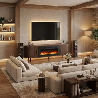 Easoger 80 inch Electric Fireplace TV Stand for 90 inch TVs, Modern Entertainment Center with Storage Shelves, Remote Control Adjustable Flame & Heat for Living Room,Walnut