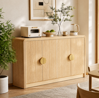 Easoger 55" Fluted Buffet Sideboard Cabinet, Modern Mid Century Console Cabinet with Adjustable Shelves & Wavy Grain Doors for Living Room, Oak color