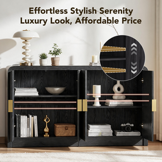 Easoger 55" Fluted Buffet Sideboard Cabinet, Modern Mid Century Console Cabinet with Adjustable Shelves & Wavy Grain Doors for Living Room, Black Walnut
