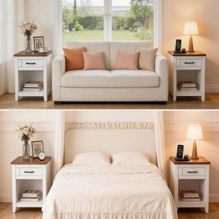 Easoger Farmhouse Nightstand Set of 2 with Charging Station & Large Storage, End Tables with Outlets & USB Ports for Bedroom,Walnut+White