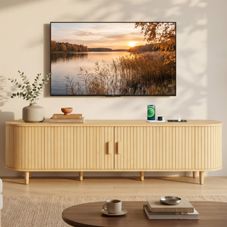 Easoger 70" Sliding Door TV Stand with Charging Station, Fluted Vertical Grille Wood Entertainment Center, Curved Oval Shape Storage Cabinet, Oak