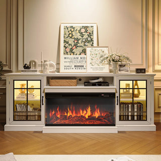 Easoger 80" Fireplace TV Stand with 3-Sided Glass Electric Fireplace, 12 Flame Colors + 12 LED Backlight Colors, Holds TV up to 88", White