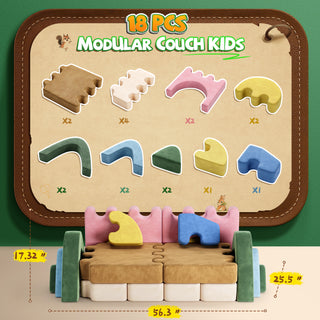 EVMORE 18PCS Modular Kids Play Couch, Junlge Theme Foam Children Sofa Couch for Girls Boys, DIY Creativing Modular Kids Sofa, Modern Floor Couch for Kids Playroom, Bedroom