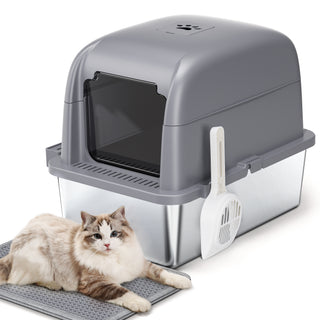 Large Stainless Steel Cat Litter Box with Scoop and Mat Set - Odor, Stain and Rust Resistant, Easy to Clean, Gray