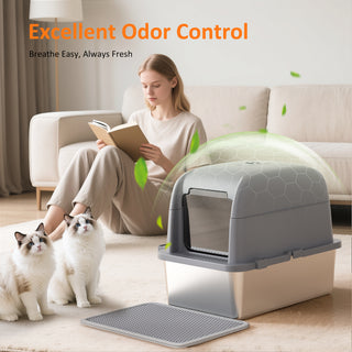 Large Stainless Steel Cat Litter Box with Scoop and Mat Set - Odor, Stain and Rust Resistant, Gray