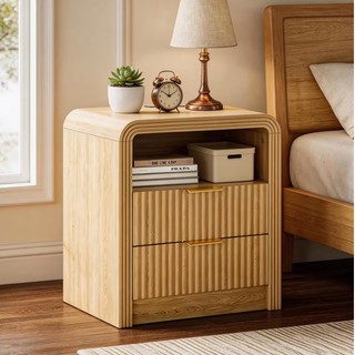 Easoger Set of 2 Fluted Nightstand with Charging Station, 19.7" Wide Bedside Table with USB & Type-C Ports, 2 Drawers & Open Shelf, Curved Oak End Table for Bedroom