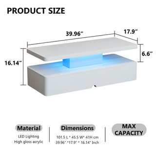 Easoger Modern Stylish Coffee Table with 16 Colors LED Lights, Double-Layer Design for Living Room, White High Gloss Acrylic