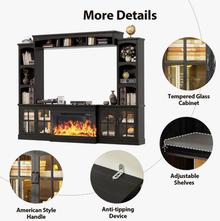 Easoger 98" Wall Unit Entertainment Center with 3-Sided Electric Fireplace, Farmhouse TV Stand for TVs Up to 70", Large Storage with Glass Doors & Shelves, Black