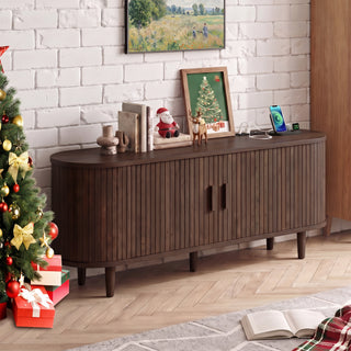 Easoger 58" Sliding Door TV Stand with Charging Station, Fluted Vertical Grille Wood Entertainment Center, Curved Oval Shape Storage Cabinet,Brown