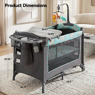 EVMORE Foldable Baby Bedside Bassinet, 5-in-1 Baby Bed Playard with Changing Table, Storage Shelf, Music for Newborn Toddlers, 0-36 Months