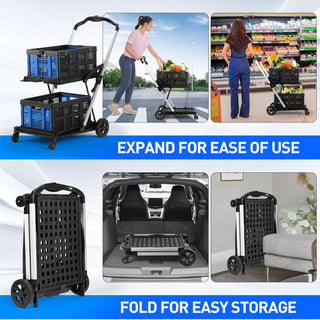 Rengue 200lbs 30x18'' Rengue Folding Shopping Cart, Collapsible Shopping Cart with Wheels, Adjustable Foldable Portable Trolley, Grocery Shopping Cart with 2 Removable Baskets for Shopping, Picnic