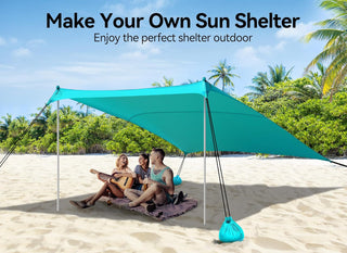 vibemo Beach Tent, Camping Sun Shelter 10 x 10ft, with 4 Sandbags, UPF50+, Includes Sand Shovel, Ground Pegs & Stability Poles, Pop Up Beach Canopy Sunshade for Fishing, Backyard Fun or Picnics