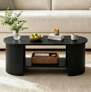 Easoger 47" Oval Coffee Table with 2-Tier Storage, Mid-Century Modern Center Table with Fluted Pedestal Base, Wooden Side Table for Living Room, Home Office