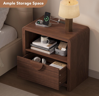 Easoger 1-Drawer Nightstand with Charging Station, Modern Wood Bedside Table with USB Ports & Outlets, Sturdy Slatted Design for Bedroom Living Room, Walnut