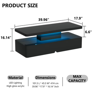 Easoger Modern Stylish Coffee Table with 16 Colors LED Lights, Double-Layer Design for Living Room, Black High Gloss Acrylic