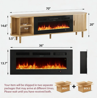 Easoger 70" Fluted Fireplace TV Stand, Mid Century Modern Entertainment Center with 36" Electric Fireplace for TVs up to 75", Console with Sliding Doors & Solid Wood Legs for Living Room,Oak