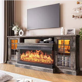 Easoger 80" Fireplace TV Stand with 3-Sided Glass Electric Fireplace, 12 Flame Colors + 12 LED Backlight Colors, Holds TV up to 88", Gray