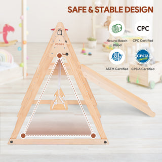 Indoor Baby Climbing Toys, 7-in-1 Playground Jungle Gym Montessori Waldorf Style Wooden Toddlers Climber Playset, Basketball Hoop, Slide, Rock Climbing Wall for Children Kids