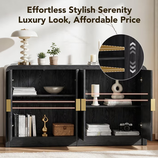 Easoger 55 Inch Fluted Buffet Sideboard Storage Cabinet, Black Mid-Century Modern Credenza Console Table with Adjustable Shelves, Wavy Grain Doors, Anti-Tip for Dining Room, Living Room, Entryway