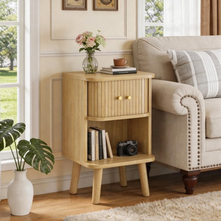 Easoger Set of 2 Fluted Oak Nightstands with Charging Station, Mid-Century Modern Bedside Tables with Sliding Tambour Doors, Storage Cabinet & Open Shelf for Bedroom