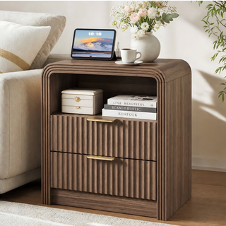 Easoger Set of 2 Fluted Nightstand with Charging Station, 19.6" Wide Bedside Table with USB & Type-C Ports, 2 Drawers & Open Shelf, Curved Walnut wood End Table for Bedroom
