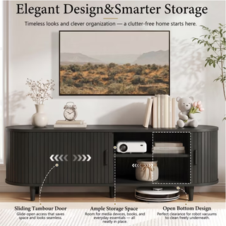 Easoger 65" Sliding Door TV Stand with Charging Station, Fluted Vertical Grille Wood Entertainment Center, Curved Oval Shape Storage Cabinet,Black