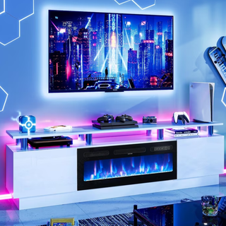 Oneinmil Fireplace TV Stand with 36” Electric Fireplace, Entertainment Center for TVs up to 90", LED Lights Entertainment Center, TV Console, White