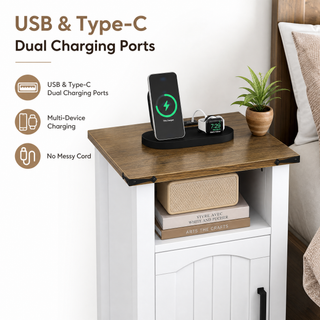 Easoger Set of 2 Farmhouse Nightstand with Charging Station, Modern End Tables with Drawer & Cabinet, USB & Type-C Ports, Wood Rustic Bedside Table for Bedroom, White + Walnut