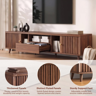 Easoger 70" TV Stand for TVs Up to 75", Modern Farmhouse Entertainment Center with 2 Doors & Open Storage, Walnut Finish with Lattice Door Design, Media Console