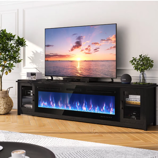 90" Electric Fireplace TV Stand, Alexa & Wi-Fi Controlled Entertainment Center with Glass Door Cabinets, Fits TV up to 100", 12 Flame Colors & 5 Brightness Levels, Black
