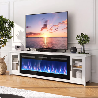 80" Electric Fireplace TV Stand, Alexa & Wi-Fi Controlled Entertainment Center with Glass Door Cabinets, Fits TV up to 90", 12 Flame Colors & 5 Brightness Levels, White