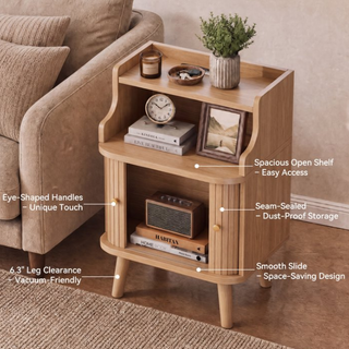 Easoger Fluted Nightstands with Charging Station, Mid-Century Modern Oak Bedside Tables with Tambour Sliding Doors, Hidden Cabinet & Open Shelf, USB/Type-C Ports