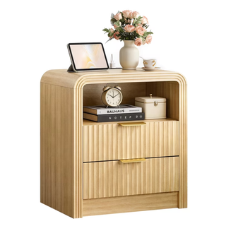 Easoger Set of 2 Fluted Nightstand with Charging Station, 19.7" Wide Bedside Table with USB & Type-C Ports, 2 Drawers & Open Shelf, Curved Oak End Table for Bedroom