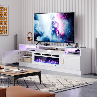 Easoger 80" Fireplace TV Stand, Gaming Media Console with 12 Color LED Backlights & 3 Outlets, Storage Shelves & Cabinets, White
