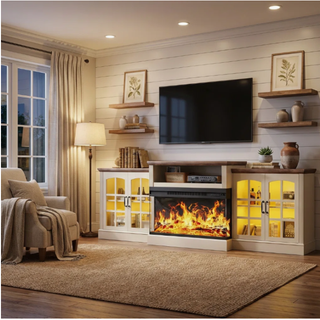 Easoger 97" TV Stand with Electric Fireplace, 3-Sided Glass Display Media Console for Over 100" TVs, Large Storage with Glass Doors & Shelves, LED Backlight, White + Light Walnut