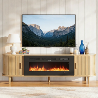 Easoger 70" Fluted Fireplace TV Stand, Mid Century Modern Entertainment Center with 36" Electric Fireplace for TVs up to 75", Console with Sliding Doors & Solid Wood Legs for Living Room,Oak