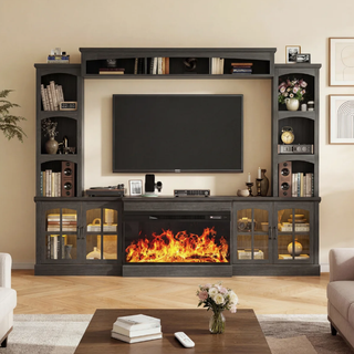 Easoger 97" TV Stand with Electric Fireplace, 3-Sided Glass Display Media Console for Over 100" TVs, Large Storage with Glass Doors & Shelves, LED Backlight, Dark gray