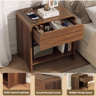 Easoger Set of 2 End Table with Storage Drawer & Open Shelf, 21.65" Modern Minimalist Nightstand with Soft-Close Sliding Drawer, Wooden Side Table for Living Room Bedroom,Walnut