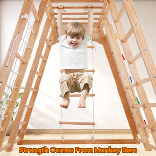 Indoor Baby Climbing Toys, Playground Jungle Gym Montessori Waldorf Style Wooden Toddlers Climber Playset for Children Kids 2-7 with Slide, Climbing Wall, Rope Wall Net, Swing, Ladder