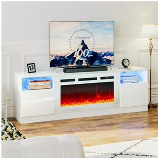Easoger Fireplace TV Stand for TVs up to 80", TV Stand with 36'' Electric Fireplace, LED Lights Entertainment Center, TV Console, White