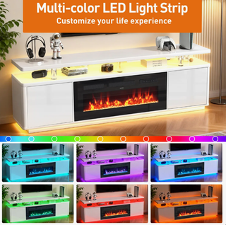 Easoger 70" 2-Tier TV Stand with 36" Electric Fireplace, Modern Entertainment Center with LED Lights & Acrylic Legs, Media Console for TVs up to 80" for Living Room,White