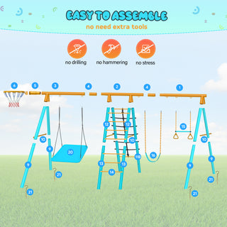 Swing Sets for Outdoor, 6 in 1 Heavy-Duty Metal Swing Sets, Kids Swing Sets for Backyard with with 2 Swings,Trapeze Bar and Basketball Hoop for Aged 3-12