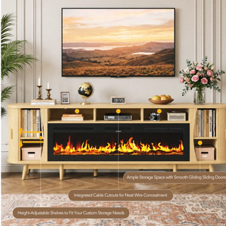 Easoger 97" Mid-Century Modern Fireplace TV Stand with 60" Electric Fireplace, 12 Color Flames & Dual Heat Settings, Large Entertainment Center for TV, Storage Cabinets & Shelves