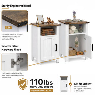 Easoger Set of 2 Farmhouse Nightstand with Charging Station, Modern End Tables with Drawer & Cabinet, USB & Type-C Ports, Wood Rustic Bedside Table for Bedroom, White + Walnut