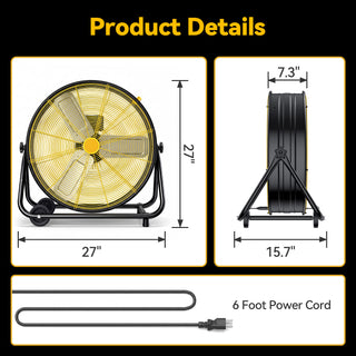 Osoeri 24 inch Industrial Drum Fan, 3 Speed 9460 CFM Heavy Duty Metal Cooling Floor Fan , 360° Tilt for Shop Outdoor, Patio, Warehouse, Commercial, Basement High Speed Fan