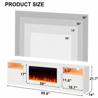 Easoger 90” Fireplace TV Stand for TVs up to 98", TV Stand with 36'' Electric Fireplace, LED Lights Entertainment Center, TV Console, White