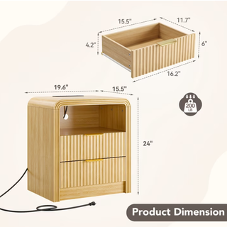 Easoger Set of 2 Fluted Nightstand with Charging Station, 19.7" Wide Bedside Table with USB & Type-C Ports, 2 Drawers & Open Shelf, Curved Oak End Table for Bedroom