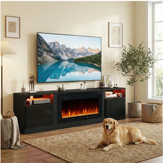 Easoger 90” Fireplace TV Stand for TVs up to 98", TV Stand with 36'' Electric Fireplace, LED Lights Entertainment Center, TV Console, Black
